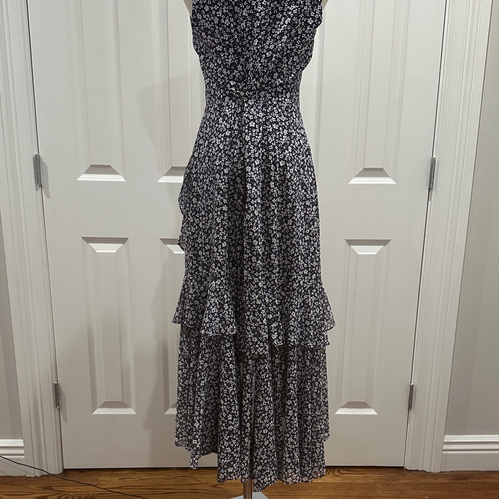 Maggy London Navy Blue V-Neck Floral Ruffles Coquette Girl Midi Dress Size 10 - Picture 11 of 15